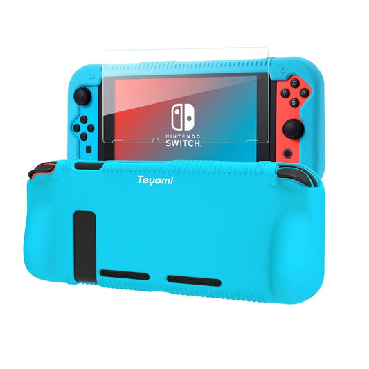 Protective Silicone Case for Nintendo Switch, Grip Cover with Tempered Glass Screen Protector, 2 Storage Slots for Game Cards, Shock-Absorption & Anti-Scratch (Blue)