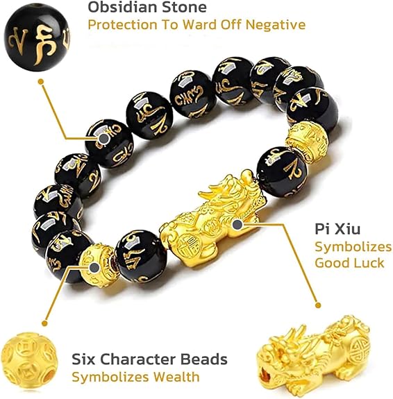Wealth And Luck Bracelet, Feng Shui Black Obsidian Pixiu Wealth Bracelet Prosperity Buddha Beads Elastic Bracelets for Women Men Jewelry