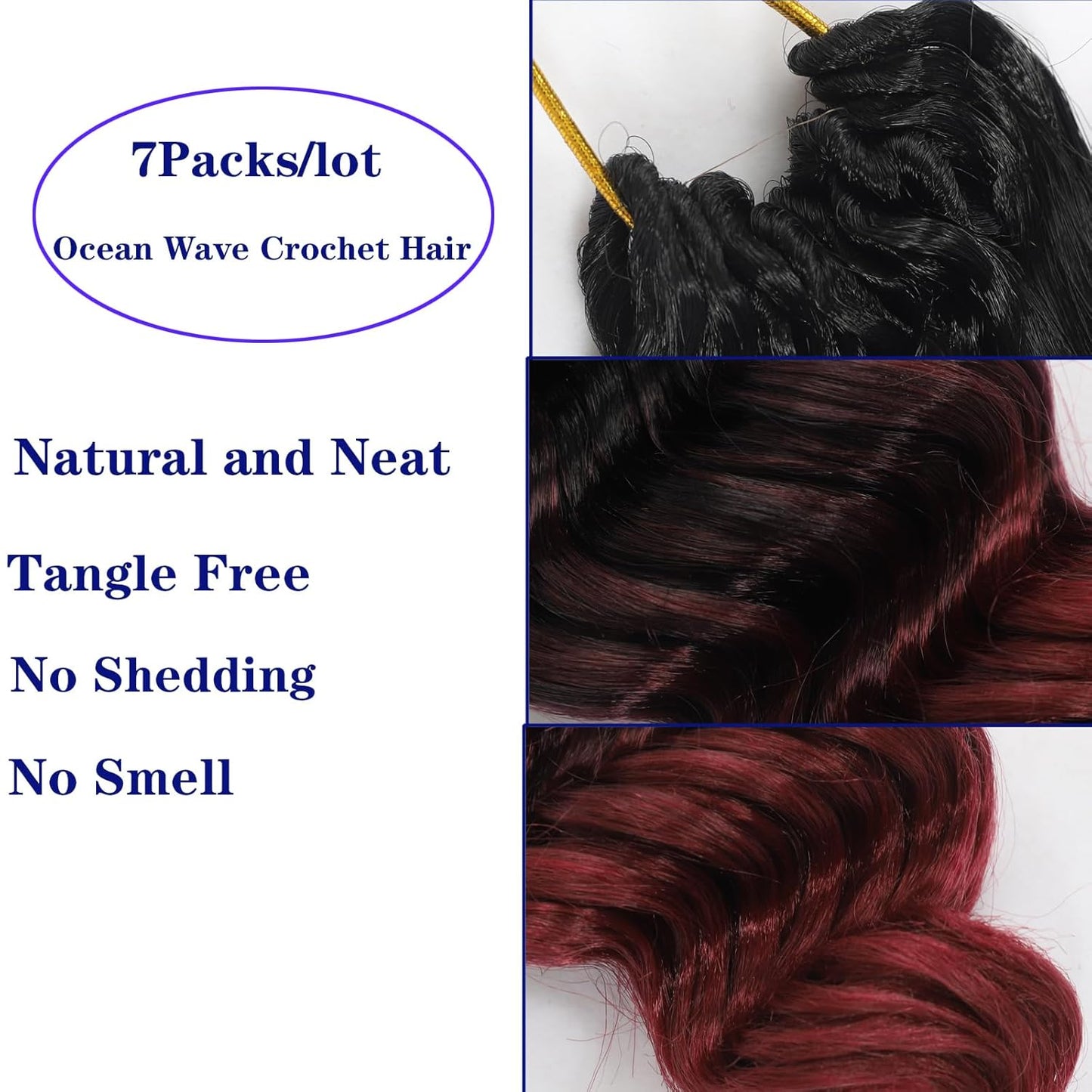 Burgundy Ombre Ocean Wave Crochet Hair Pre Looped 9 Inch Natural Curly Braiding Ocean Wave Hair 7 Packs 3 Tone Deep Wave Short Wavy Ocean Wave Crochet Braids for Women