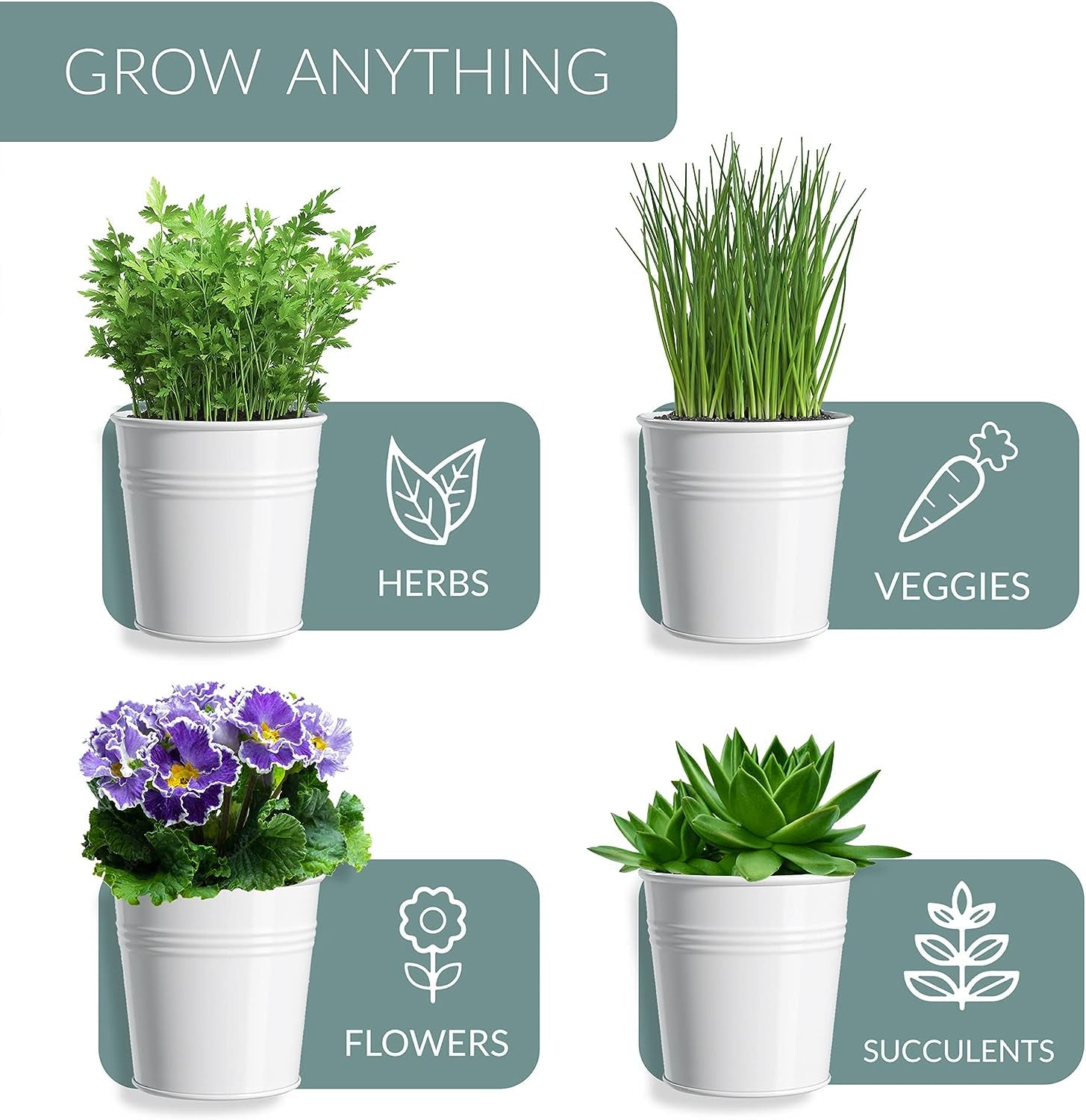 Indoor Herb Garden Planter Set with Tray, Metal Windowsill Plant Pots with Drainage for Outdoor or Indoor Plants, Set/3 (White)