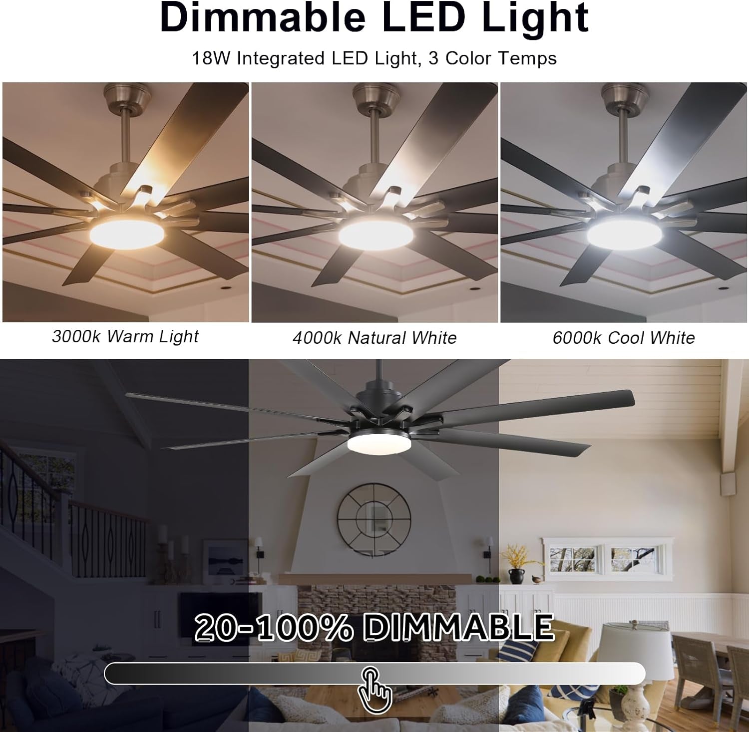 66 Inch Black Ceiling Fans with Lights and Remote, Indoor Outdoor Mordern Smart Ceiling Fan with Reversible Quiet DC Motor, 6 Speed, 8 Blades for Living Room Bedroom Patios Balcony