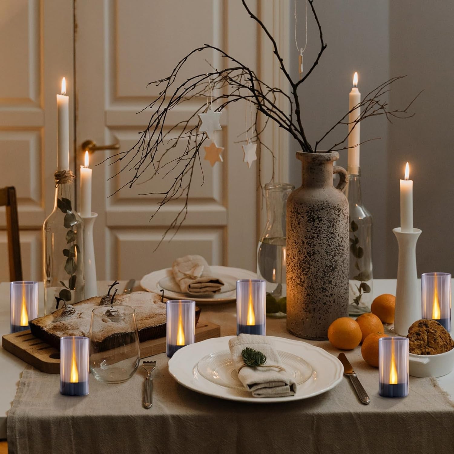 Flameless Candles, Battery Operated LED Pillar Candles, D1.5 X H3 Inch, Flickering Warm Yellow Long Flame-Effect Light with Black Base, Romantic Electronic Fake Candles, Set of 12 (Black)