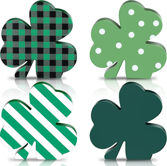 4 Pieces St Patricks Wooden Shamrock Table Signs Irish Lucky Wood Table Centerpiece St. Patrick Decoration for Holiday Home Office Tiered Tray Decor(Simple Style)