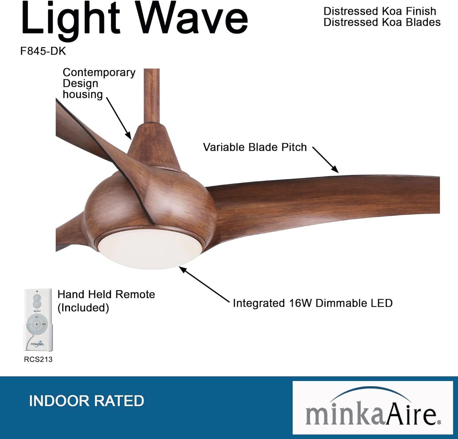 F845-DK Light Wave 44 Inch Ceiling Fan with LED Light and Remote Control, Brown Distressed Koa Finish