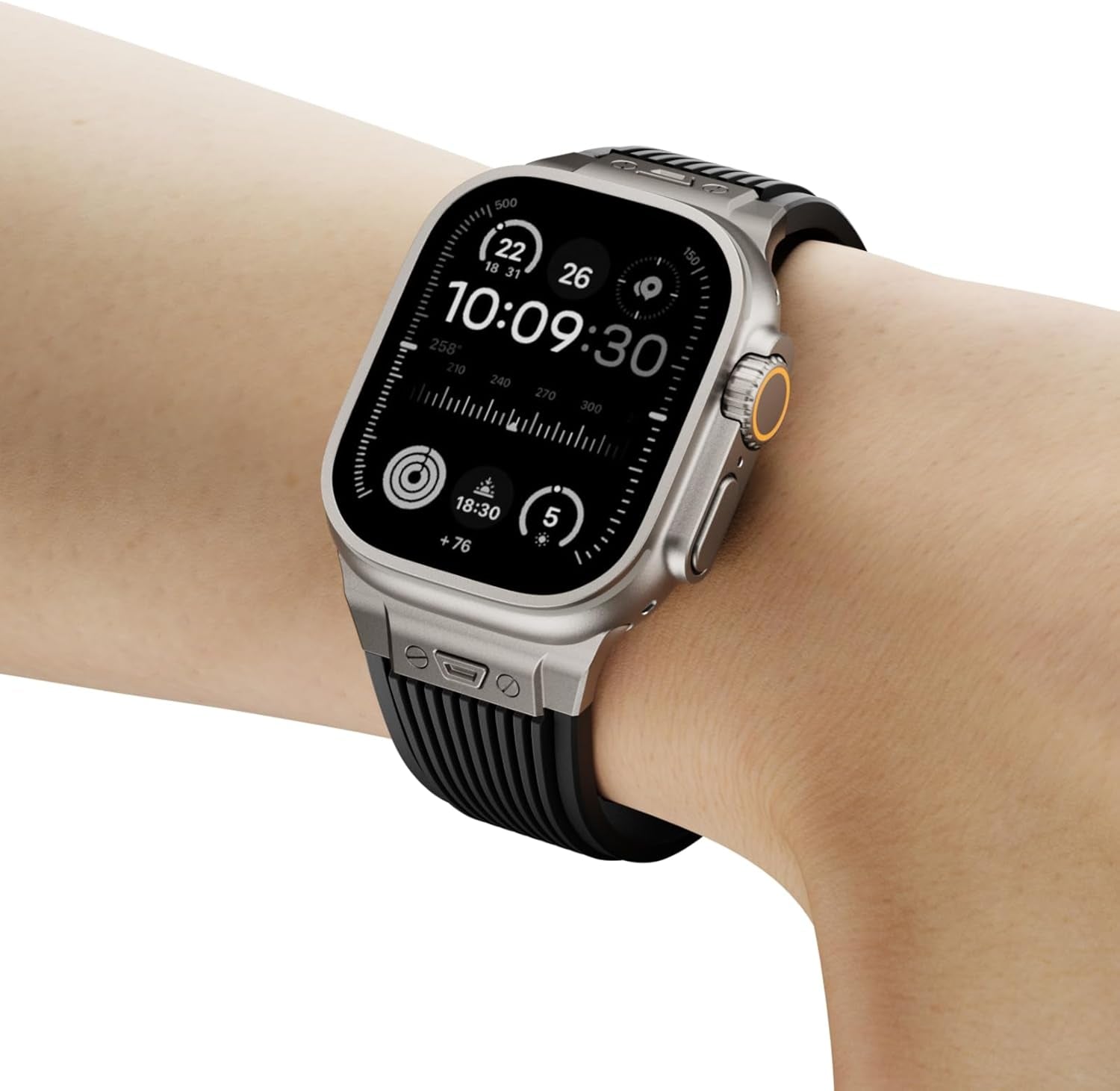 Watch Band for Apple Watch Ultra 2 Band 49Mm 45Mm 44Mm 42Mm, Men Luxury Rugged Silicone Rubber Strap with Metal Connector & Folding Clasp for Iwatch Ultra Series 9 8 7 6 5 4 3 2 1 SE