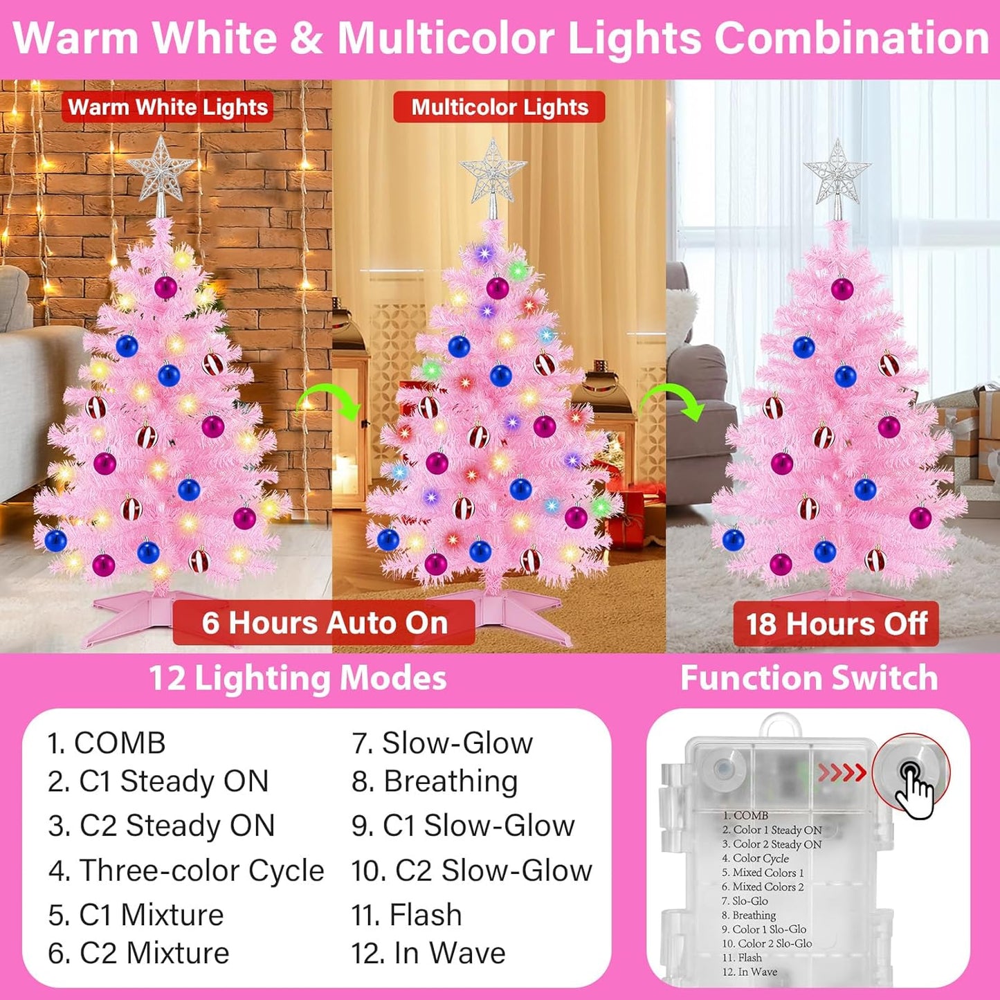 [ Timer & 12 Modes ] 3 Ft Pink Christmas Tree with DIY 50 Warm White Lights 15 Ball Ornaments & 3D Star Battery Operated Small Christmas Tree Indoor Home Tables Holiday Xmas Christmas Decorations