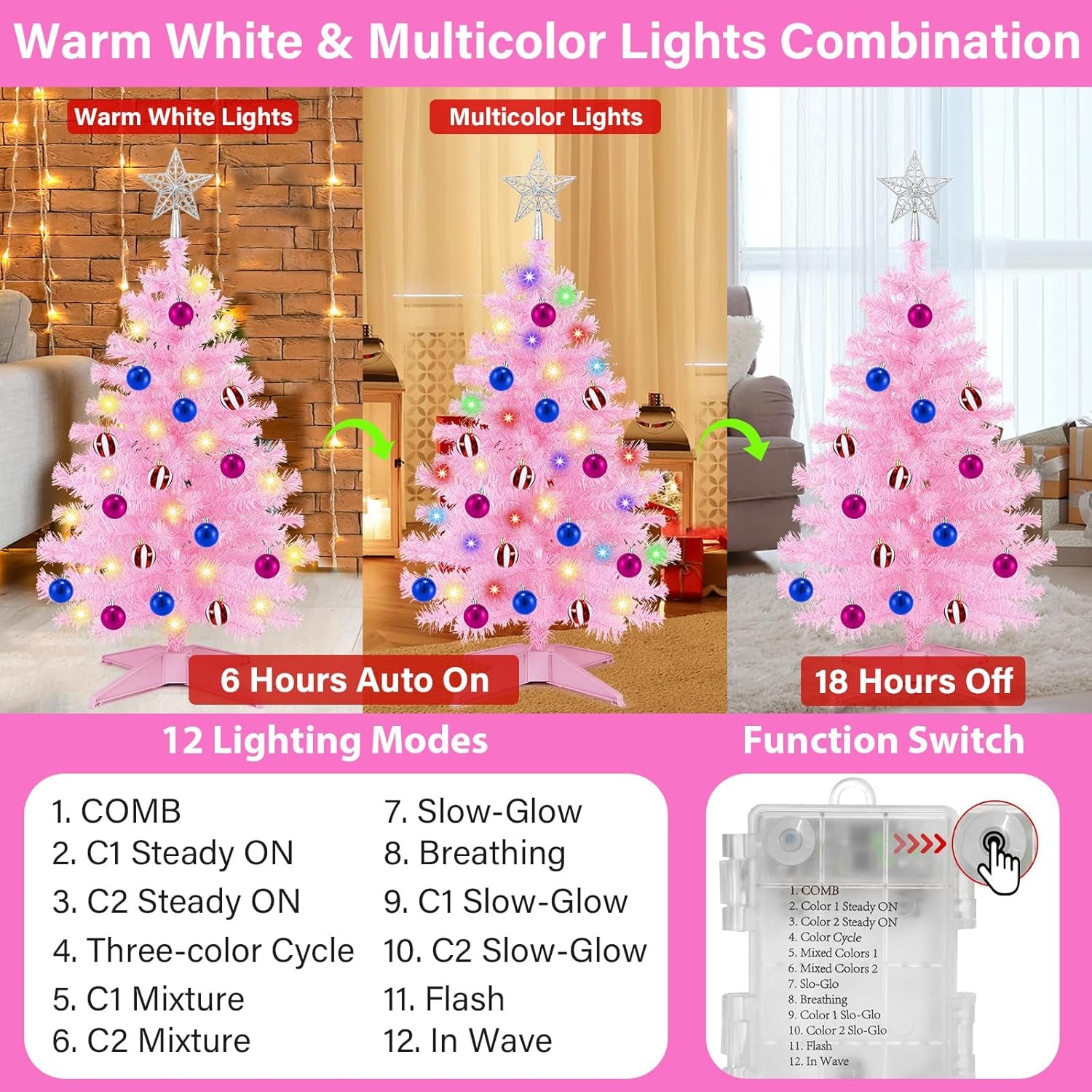 [ Timer & 12 Modes ] 3 Ft Pink Christmas Tree with DIY 50 Warm White Lights 15 Ball Ornaments & 3D Star Battery Operated Small Christmas Tree Indoor Home Tables Holiday Xmas Christmas Decorations