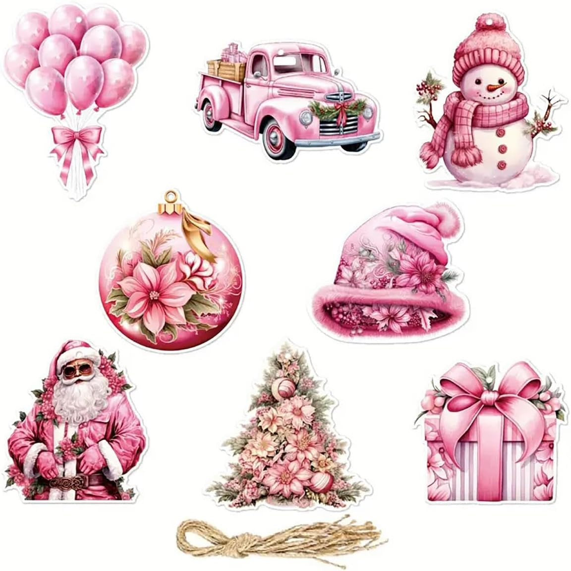 16 Pcs Christmas Tree Ornaments Set Pink Christmas Decorative Hanging Ornaments Xmas Tree Santa Claus Bell Snowman Cardboard Christmas Ornaments for Christmas Tree Xmas Party Decoration Supply