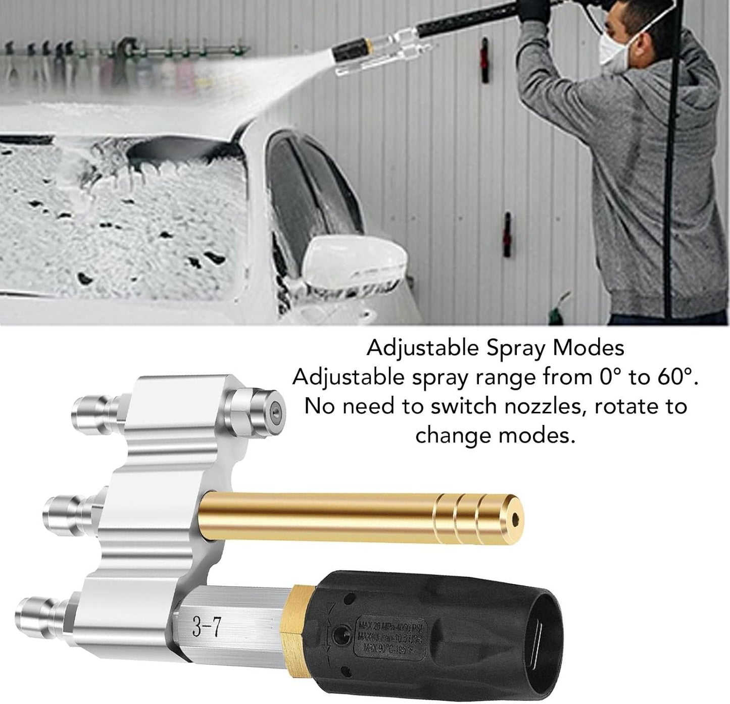 M5 Twist Nozzle, 1000-6000Psi 3-7GPM 3 in 1 High Pressure Long Reach Soap Nozzle, Adjustable Spray Angle, Stainless Steel, Quick Connection for Pressure Washer, Picklejet