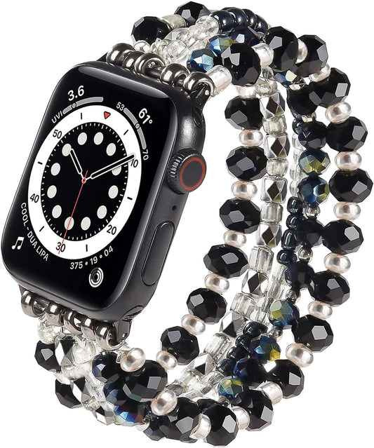 Beaded Bracelet Compatible for Apple Watch Band 40Mm/38Mm/41Mm Series 9 8 7 SE Series 6/5/4 Women Fashion Cute Handmade Stretchy Watch Strap for Iwatch Bands Series 3/2/1 Replacement (Black)