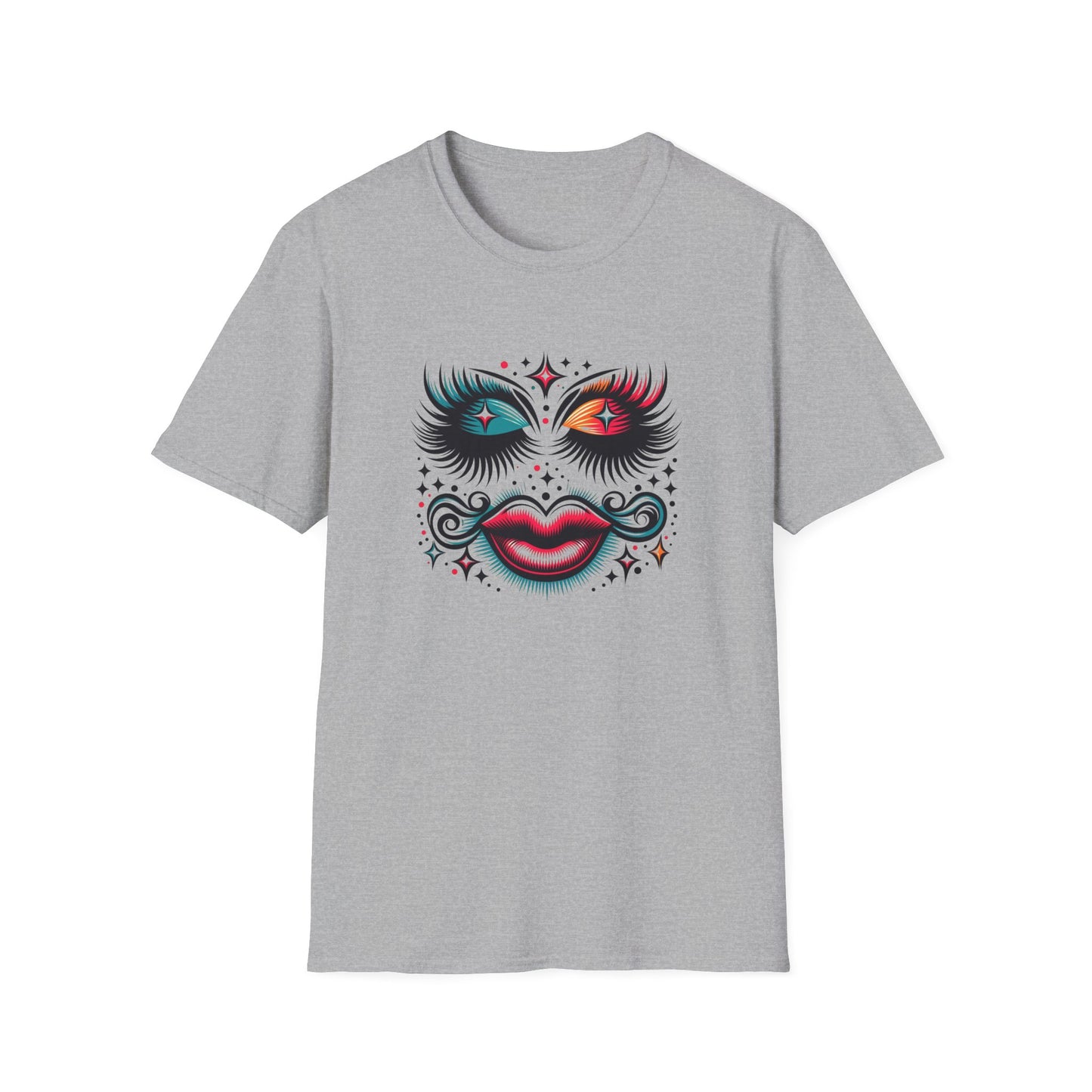 LASHES Vibrant Face Graphic T-Shirt - Unisex Softstyle Tee for Festivals & Celebrations