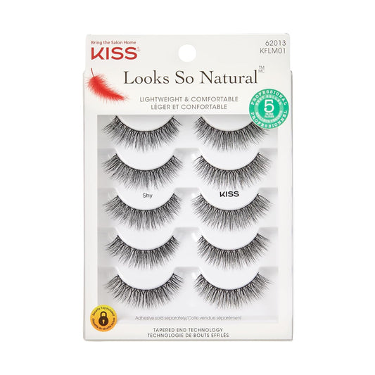 Looks so Natural, False Eyelashes, 'Shy', 12 Mm, Includes 5 Pairs of Lashes, Contact Lens Friendly, Easy to Apply, Reusable Strip Lashes, Glue On