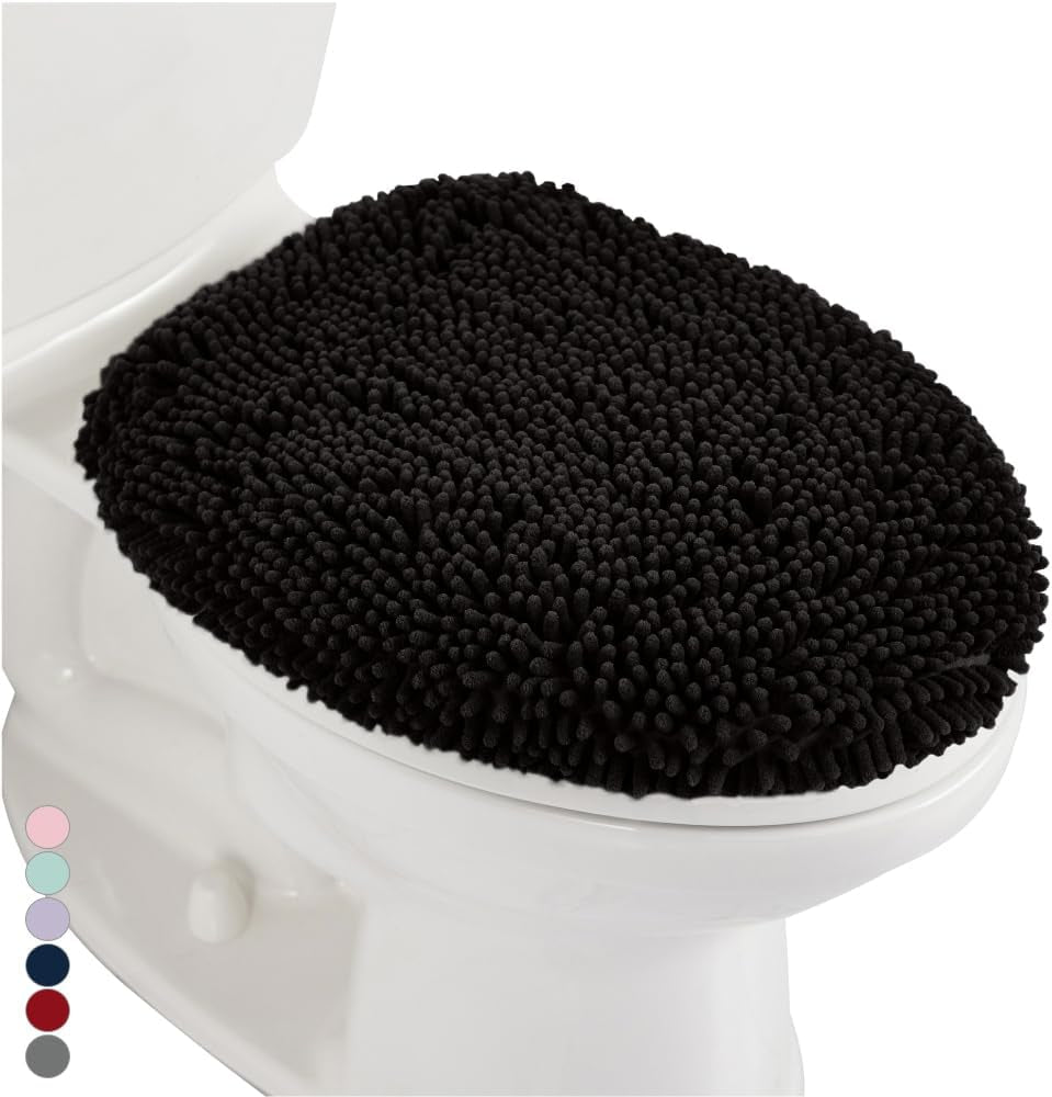 Soft Chenille Bathroom Toilet Lid Cover, Machine Washable Seat Covers, 17.5X15, Stays in Place Rubber Backing, Fits Most Round, Elongated and Oblong Lids, Accessories Decor, Black