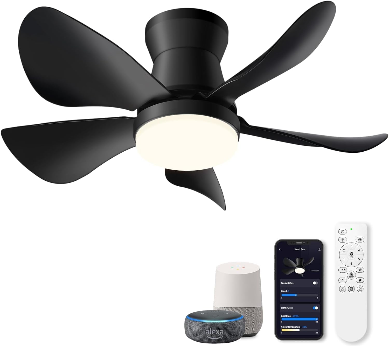 Alexa Smart Ceiling Fan with Alexa/Google Assistant/App Control - 28'' Black Modern LED Small Ceiling Fan with Lights and Remote, 6 Speed Dimmable Low Profile Ceiling Fan for Redroom