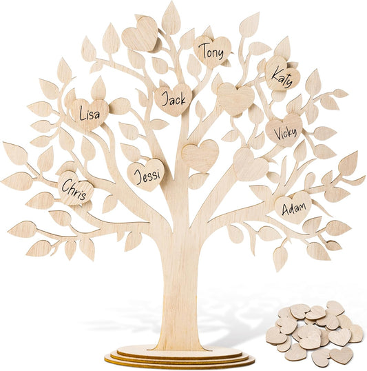 3D Wooden Family Tree Decor - DIY Family Name Sign Tree Charts to Fill in Gift, Desktop Tree Plaque with 20 Heart Tags for Home Family House Birthday Party Thanksgivings Mothers Day Present