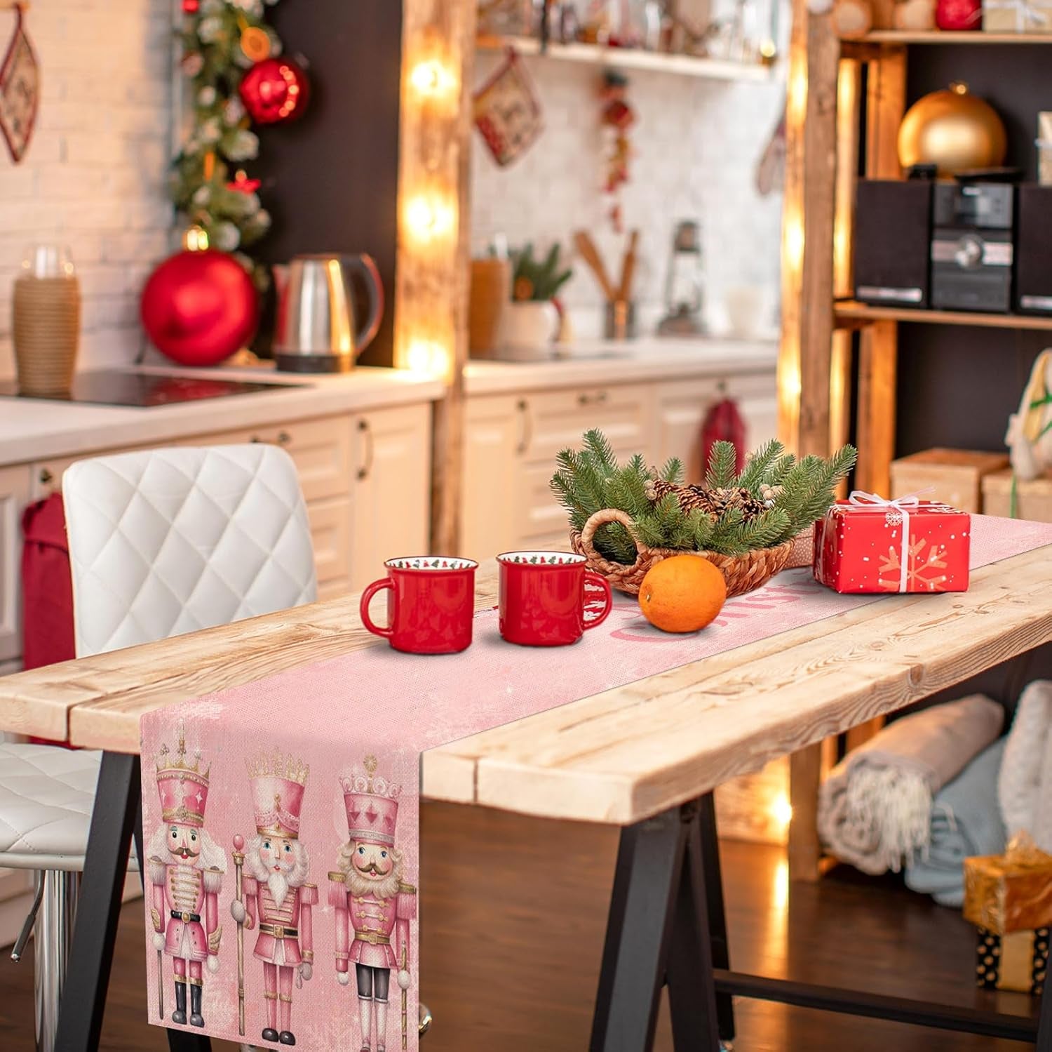 Pink Nutcrackers Christmas Table Runner Pink Xmas Decoration Winter Holiday Party Supply Home Kitchen Dining Room Decor (13" X 72")