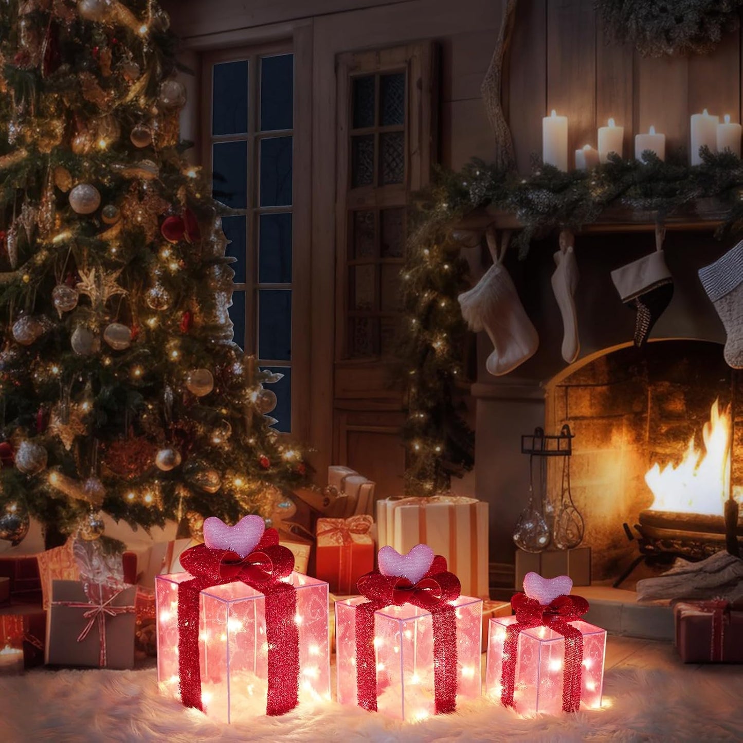Christmas Lighted Gift Boxes with Pink Cloth, Pre-Lit Lights Gift Boxes Set of 3, Light up Present Boxes Set Battery Operated with Different Sizes for Holiday Indoor Outdoor Decorations