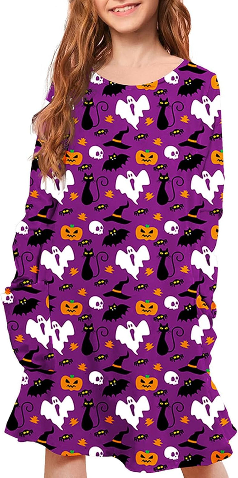 Girls Halloween Costumes Dresses for Kids Costume Dress Long Sleeve Printed Shirt Dresses with Pockets