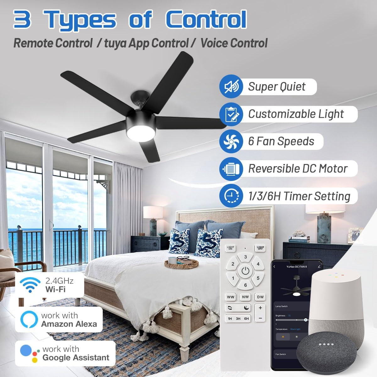 52 Inch Smart Ceiling Fan, DC Reversible Motor Noiseless Timing 3CCT Dimmable, Black Ceiling Fan Compatible with Alexa Tuya App for Living Room Indoor & Outdoor ETL