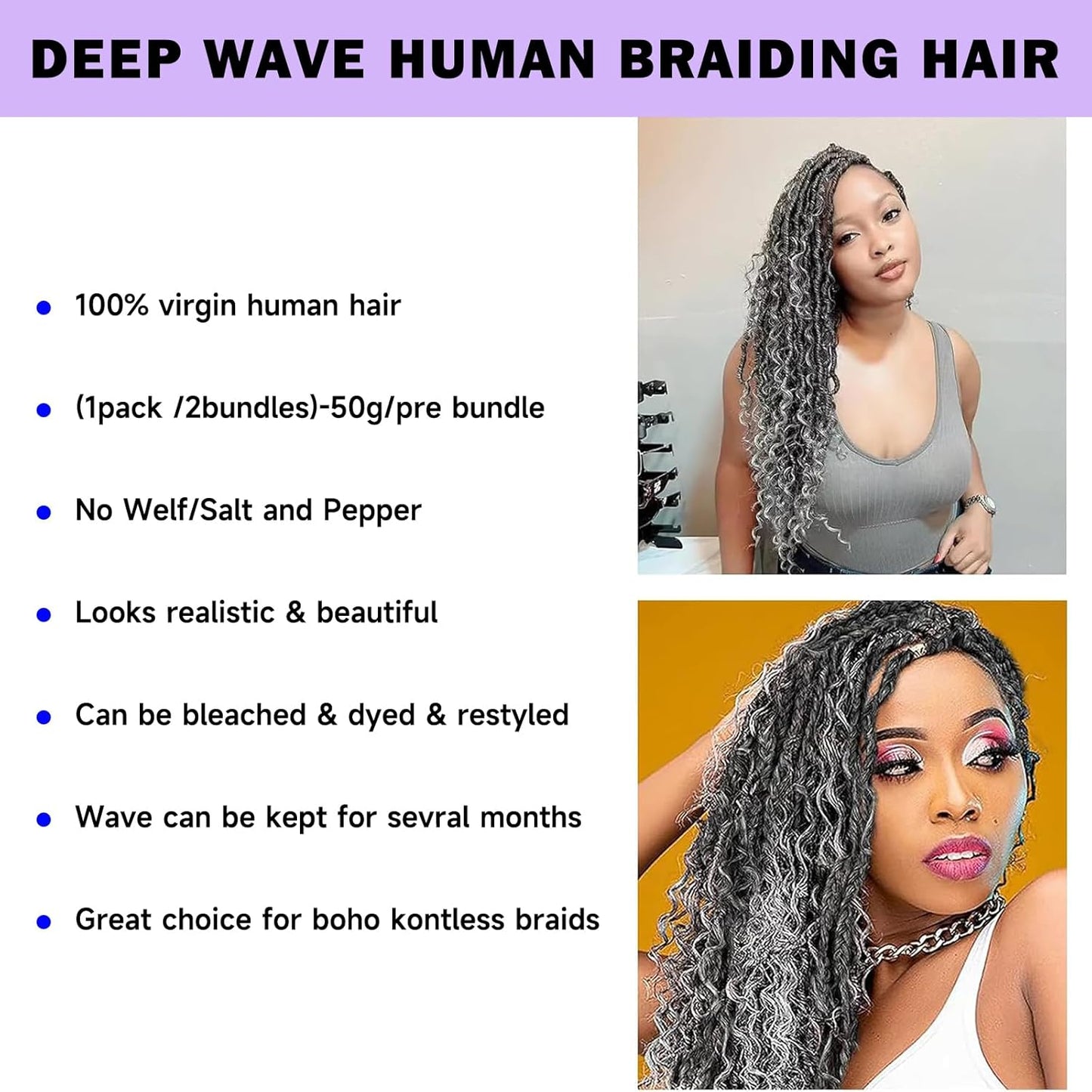 Langer Gray Human Braiding Hair Deep Wave Bulk Human Hair for Braiding No Weft Bundle 150G 3 Bundles/Pack 16A Brazilian Virgin Water Curly Human Hair Extensions for Boho Braids 18 Inch Salt and Pepper