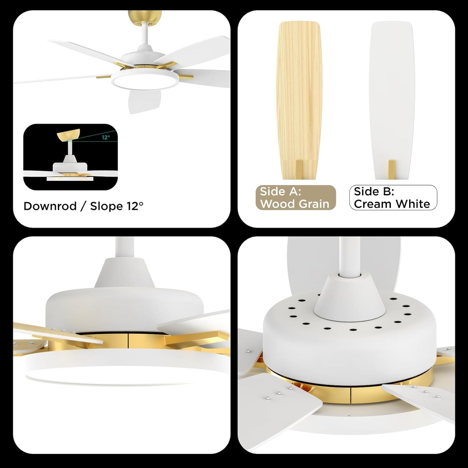 Ceiling Fans with Lights,Ultra Silent 52 Inch Smart Ceiling Fans with Dimmable LED Light Compatible with Google Home Alexa App Control(White Gold