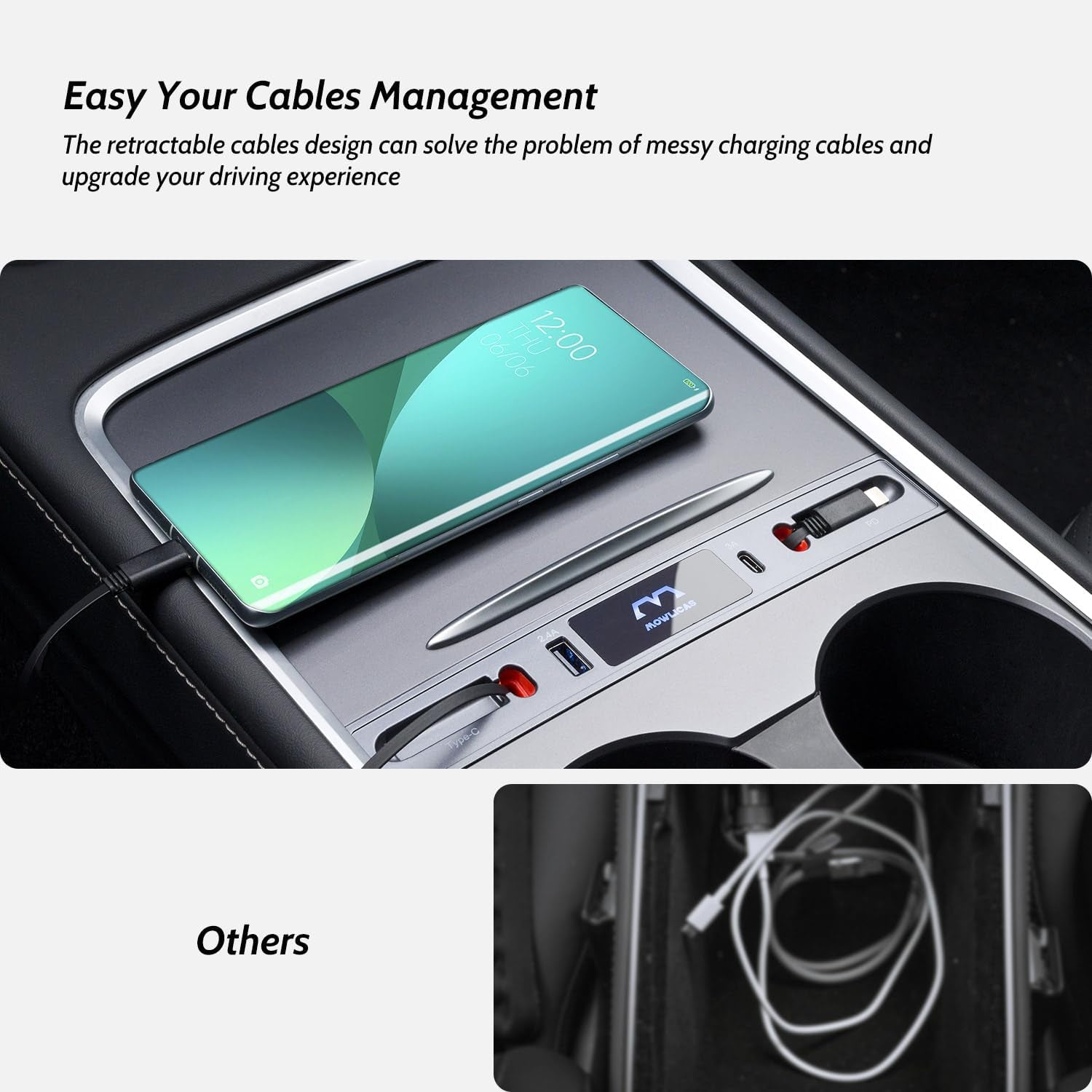 Upgrade Touch Switch Design for Tesla USB Hub (Silver Gray), Retractable Car Charger Is Necessary Model Y 2024/2023/2022/2021 & Model 3 2023/2022/2021 Accessories, Gifts for Tesla Owners