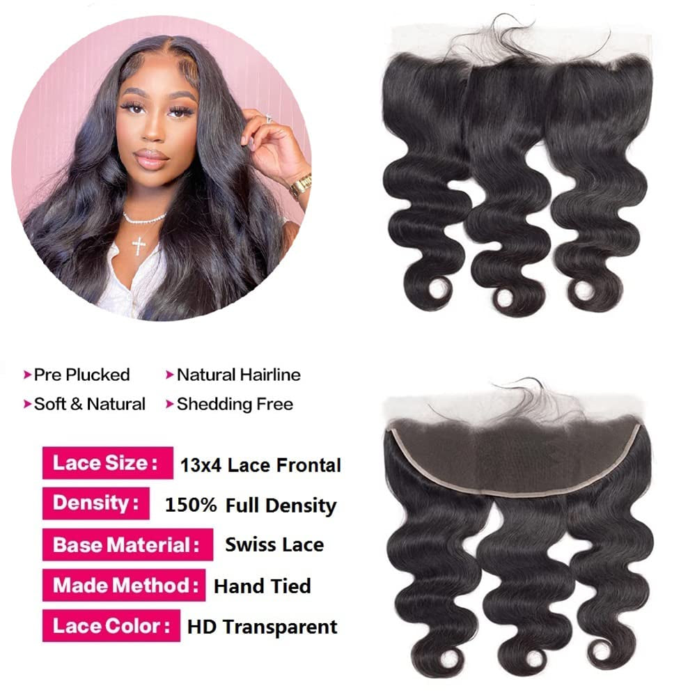Body Wave Bundles with Frontal 100% Brazilian Virgin Human Hair Bundles with Frontal Closure 12A Unprocessed Body Wave Weave 3 Bundles Human Hair with Frontal 13X4 HD Lace (18 20 22+16)