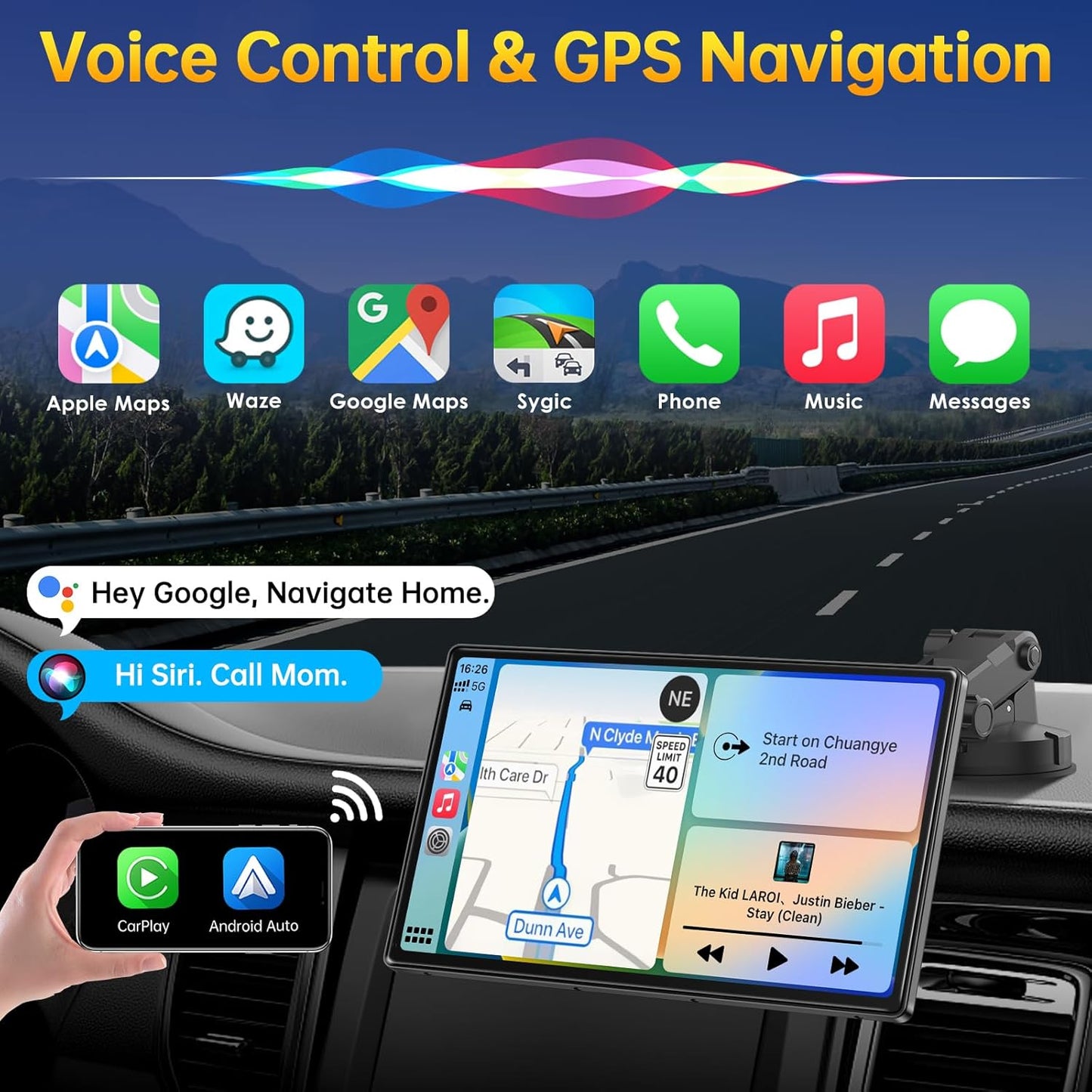 9" Wireless Apple Carplay Android Auto Screen - 4K Dash Cam, GPS Navigation, HD Touchscreen, Airplay, 1080P Backup Camera, Car Stereo - by TRUCK DRIVER
