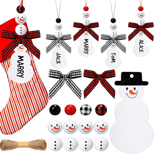 12 Pcs Christmas Stocking Name Tags Unfinished Wooden Stocking Tags Xmas Stocking Hanging Tags with Wood Beads Buffalo Plaid Bows for Christmas Home Farmhouse Decor (Snowman Style)