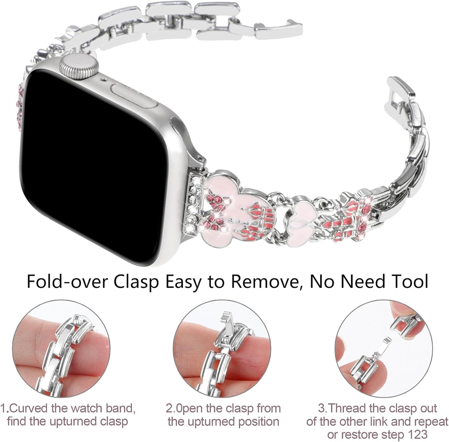 Bling Bracelet Band Compatible with Apple Watch Bands for Women 46Mm 40Mm 41Mm 38Mm 44Mm 45Mm 42Mm 49Mm, Cute Cartoon Dressy Jewelry Charm Metal Strap for Iwatch Ultra 2 Series 10/9/8/7/6/5/4/3/2/1/SE