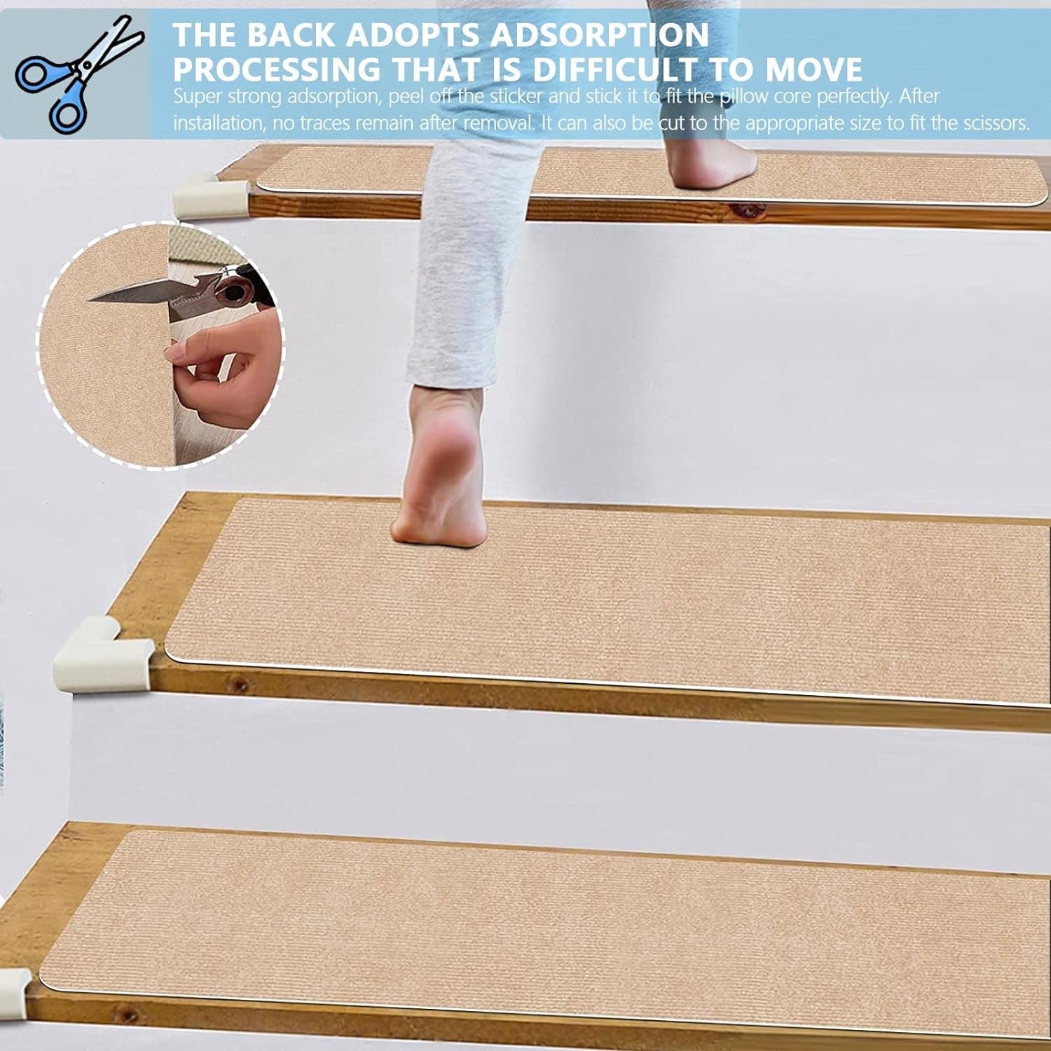 8" X 30" (15 in Pack) Non-Slip Stair Treads Carpet for Wooden Steps, Self-Adhesive Stair Treads Mat, Safety Indoor Stair Runner Mats, anti Slip Stair Rugs for Kids Elders and Dogs，Beige