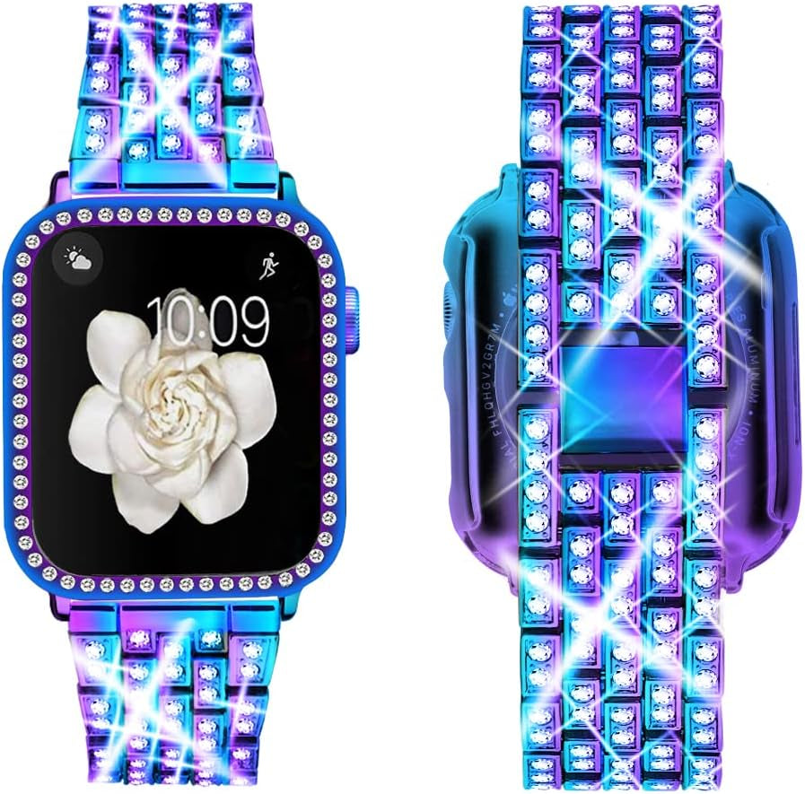 Compatible with Apple Watch Band 38Mm 40Mm 41Mm 42Mm 44Mm 45Mm 49Mm+ Case, Women Jewelry Bling Diamond Rhinestone Replacement Metal Strap& 2 Pack PC Protector Case for Iwatch Ultra 2/ Ultra Series 9/8/7/6/5/4/3/2/1/SE