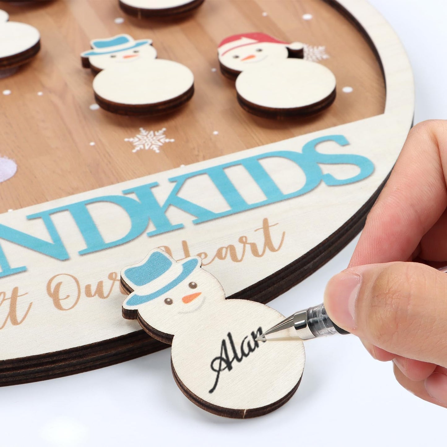 Grandkids Name Sign Snowman Tag Desk Plaque Decor(11.4X11.4 Inches), DIY Family Tree Names Wall Sign, Grandkids Love Sign Melt Our Heart Winter for Grandparents Grandma Nana