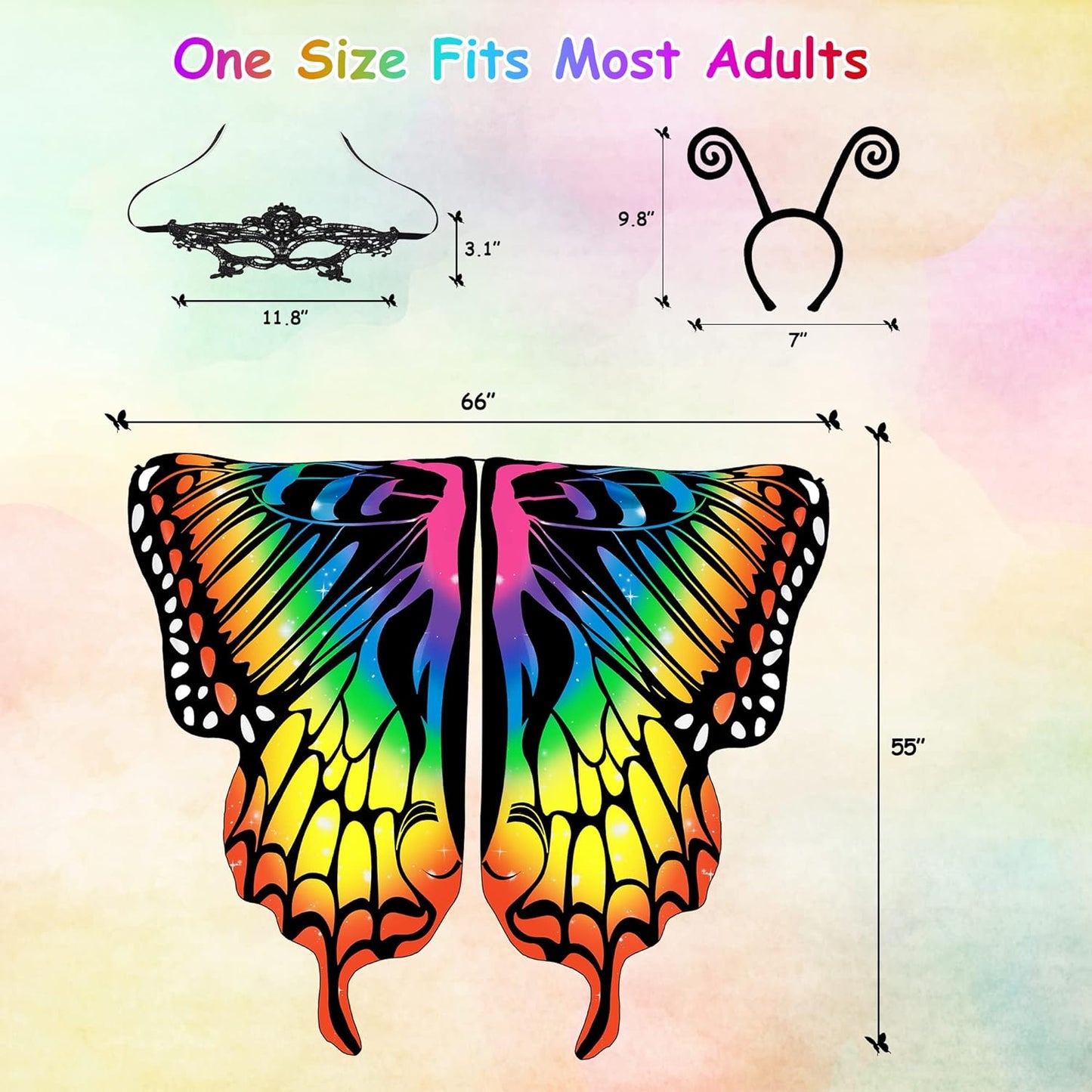 Halloween Butterfly Costume for Women - Adult Wings Cape Shawl with Lace Mask and Antenna Headband