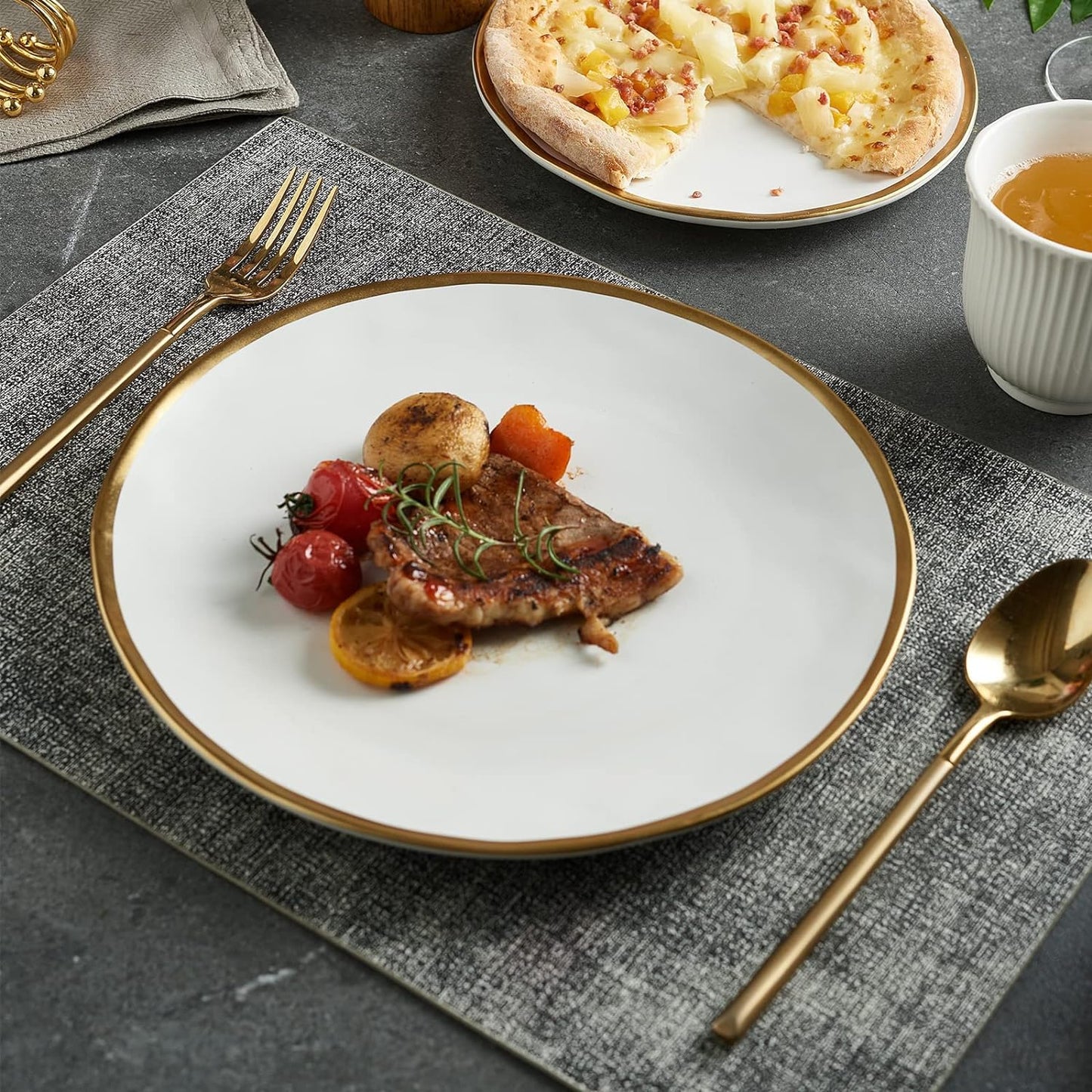 Matte White Porcelain Dinnerware Sets 12 Piece Service for 4, Ceramic Plates and Bowls Sets, Dishes, round Dinner Plates, Bowls, Golden Rim Dish Set for Home Decor