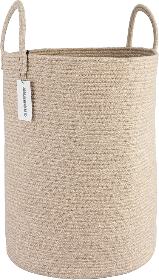 Cotton Rope Laundry Basket Hamper for Clothes Woven Storage Basket for Living Room Bedroom Boho Tall Rope Baskets for Blanket Toys Pillow Towels Baby Nursery Hamper Bin Large Oatmeal
