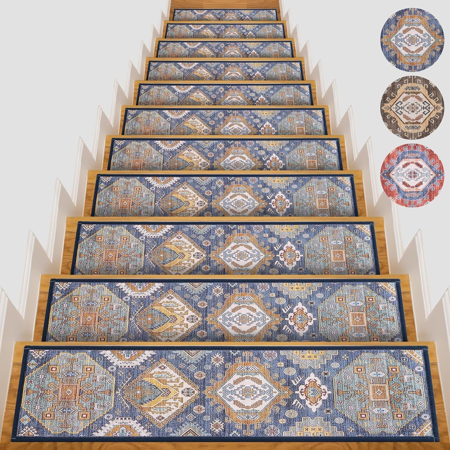 Peel and Stick Non-Slip Carpet Stair Treads for Wooden Steps Set of 15 Pack 8" X 30" Indoor Reusable Staircase Stair Runners Rugs, Soft Safety for Dogs, Kids & Elders, Stairway Grip, Blue