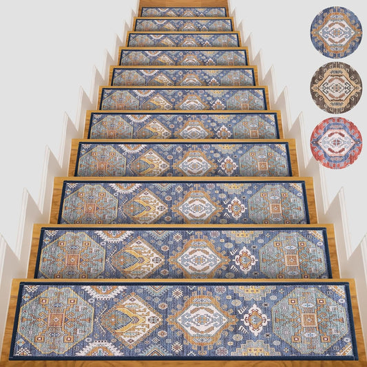 Peel and Stick Non-Slip Carpet Stair Treads for Wooden Steps Set of 15 Pack 8" X 30" Indoor Reusable Staircase Stair Runners Rugs, Soft Safety for Dogs, Kids & Elders, Stairway Grip, Blue