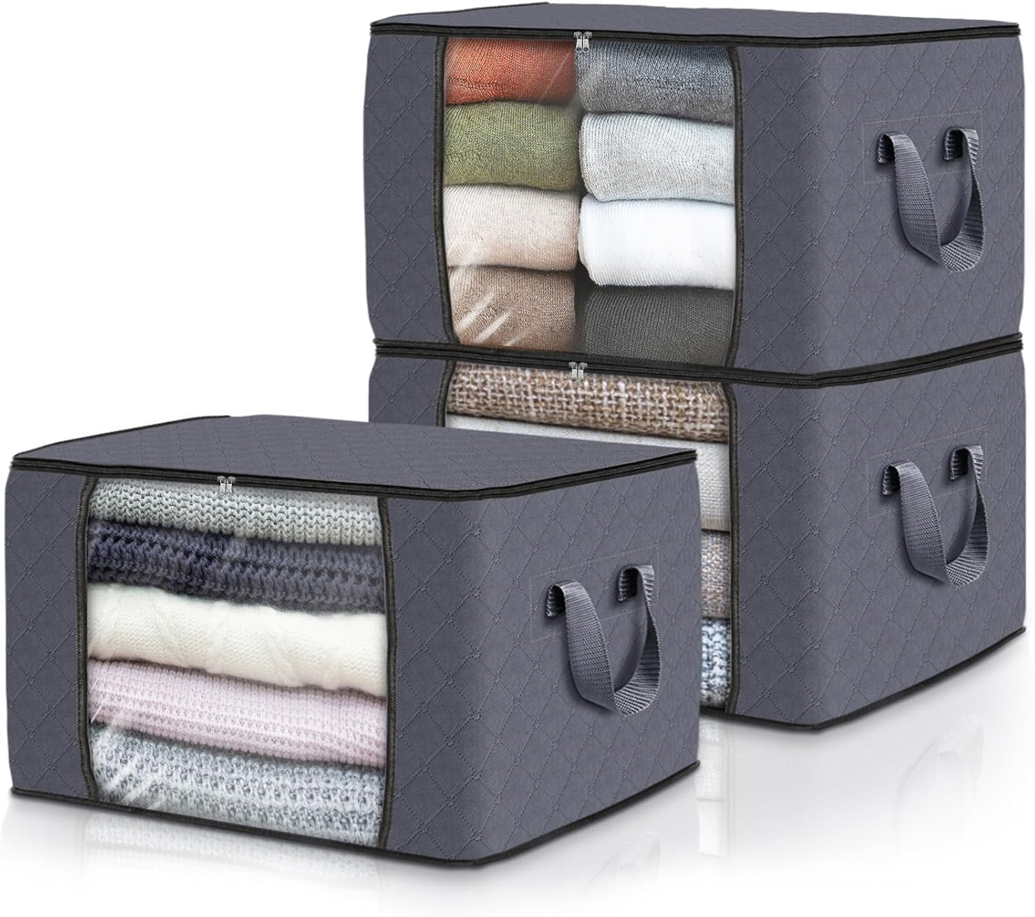 6 Pack Clothes Storage, Foldable Thick Fabric Blanket Storage Bags, Storage Containers for Organizing Bedroom, Closet, Clothing, Comforter, Organization and Storage with Handle,Grey