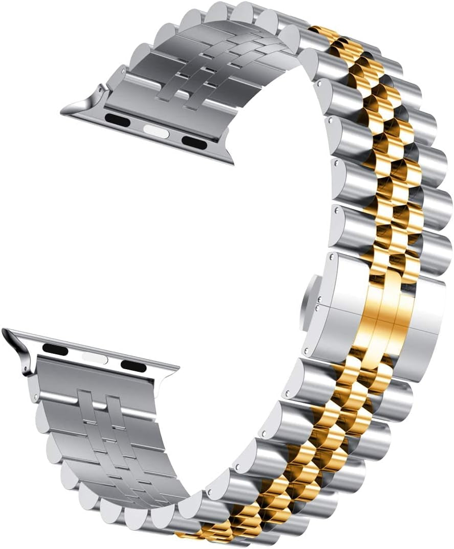 Compatible with Apple Watch Band 41Mm 40Mm 38Mm, Stainless Steel Heavy Band with Butterfly Folding Clasp Link Bracelet for Iwatch Series 9/8/7/6/Seseries 5/4/3 Women,Silver/Gold