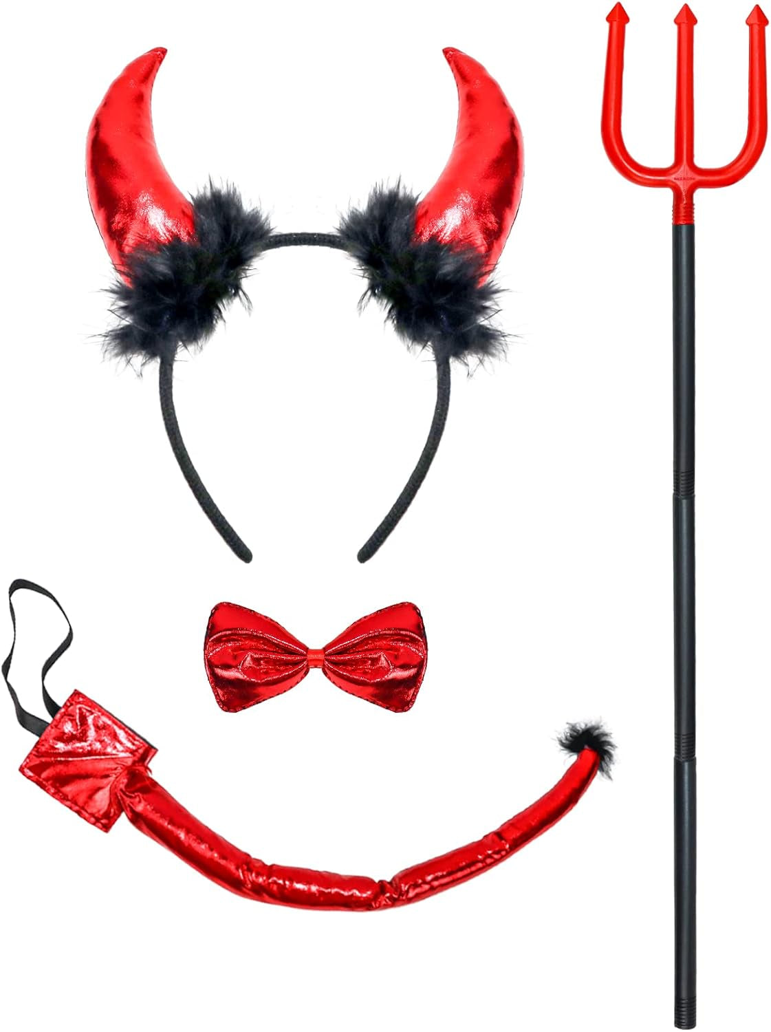 4 Pack Devil Costume Set Halloween Red Devil Pitchfork Horn Headband Tail Bowtie Demon Cosplay Accessories for Party Prop Costume