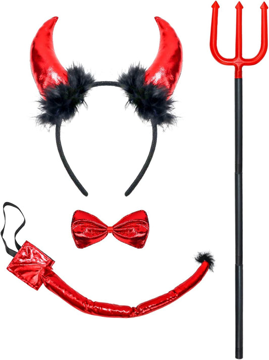 4 Pack Devil Costume Set Halloween Red Devil Pitchfork Horn Headband Tail Bowtie Demon Cosplay Accessories for Party Prop Costume