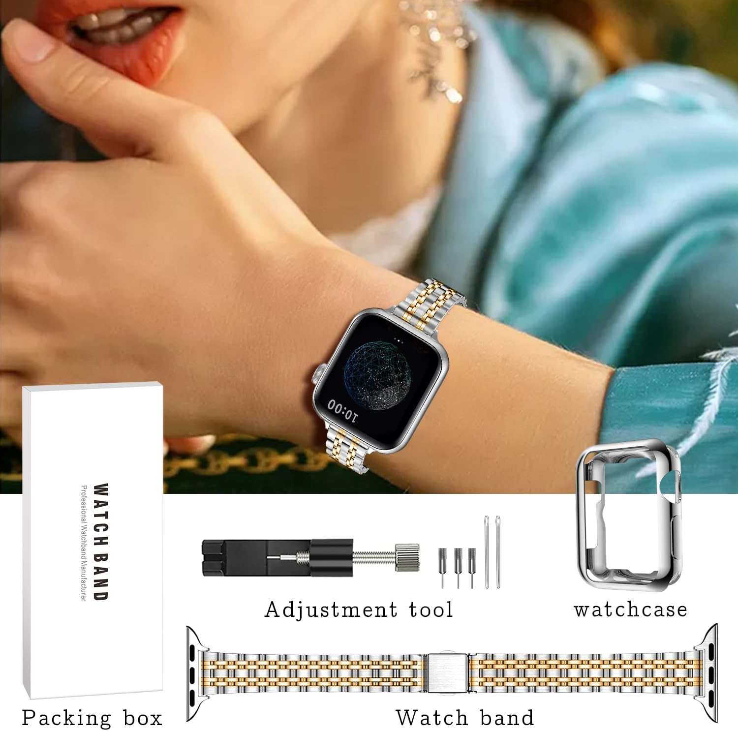 Slim Watch Band Compatible with Apple Watch 41Mm 45Mm 42Mm 44Mm 40Mm 38Mm Metal Stainless Steel Watchband Suitable for Iwatch 9/8/7/6/5/4/3/2/1/SE Series Women Luxury Strap