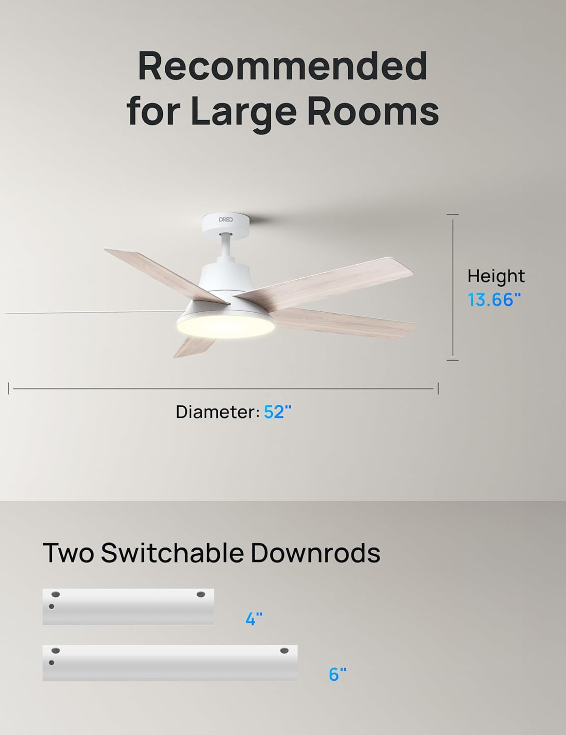 Smart Ceiling Fan with Lights, 52 Inch, 12 Speeds & 3 Fan Modes, Stepless Color Tones, Dimmable LED Light, 12H Timer, Quiet DC Motor, Remote/App/Alexa Control, White Ceiling Fans Indoor