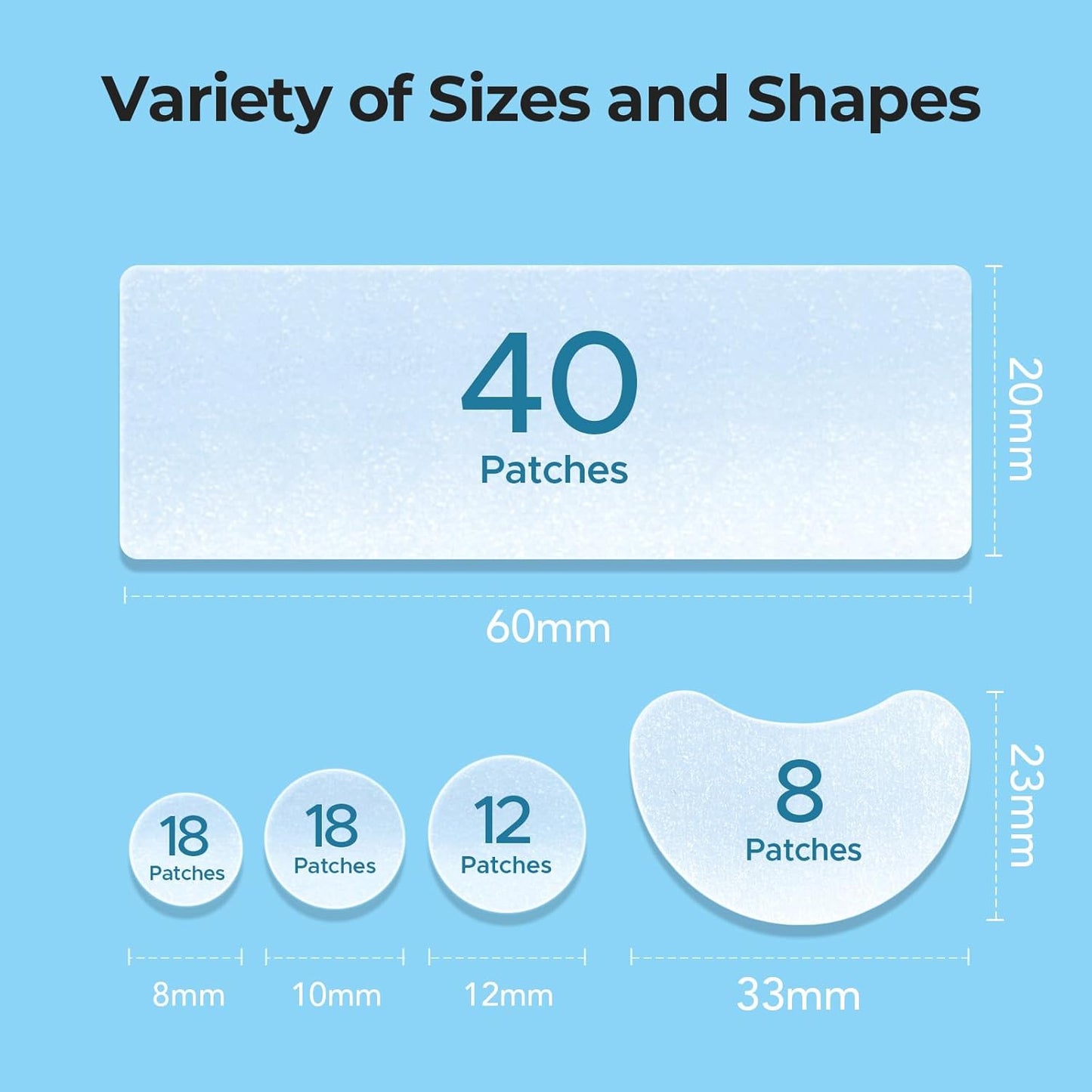 Large Pimple Patches for Face, XL Acne Patches 60 X 20 Mm, Big Hydrocolloid Bandages for Body, Forehead, Chin, Neck Zit Breakouts, Hydrocolloid Patch (Strip, Contoured, Dot 5 Sizes 96 Count)