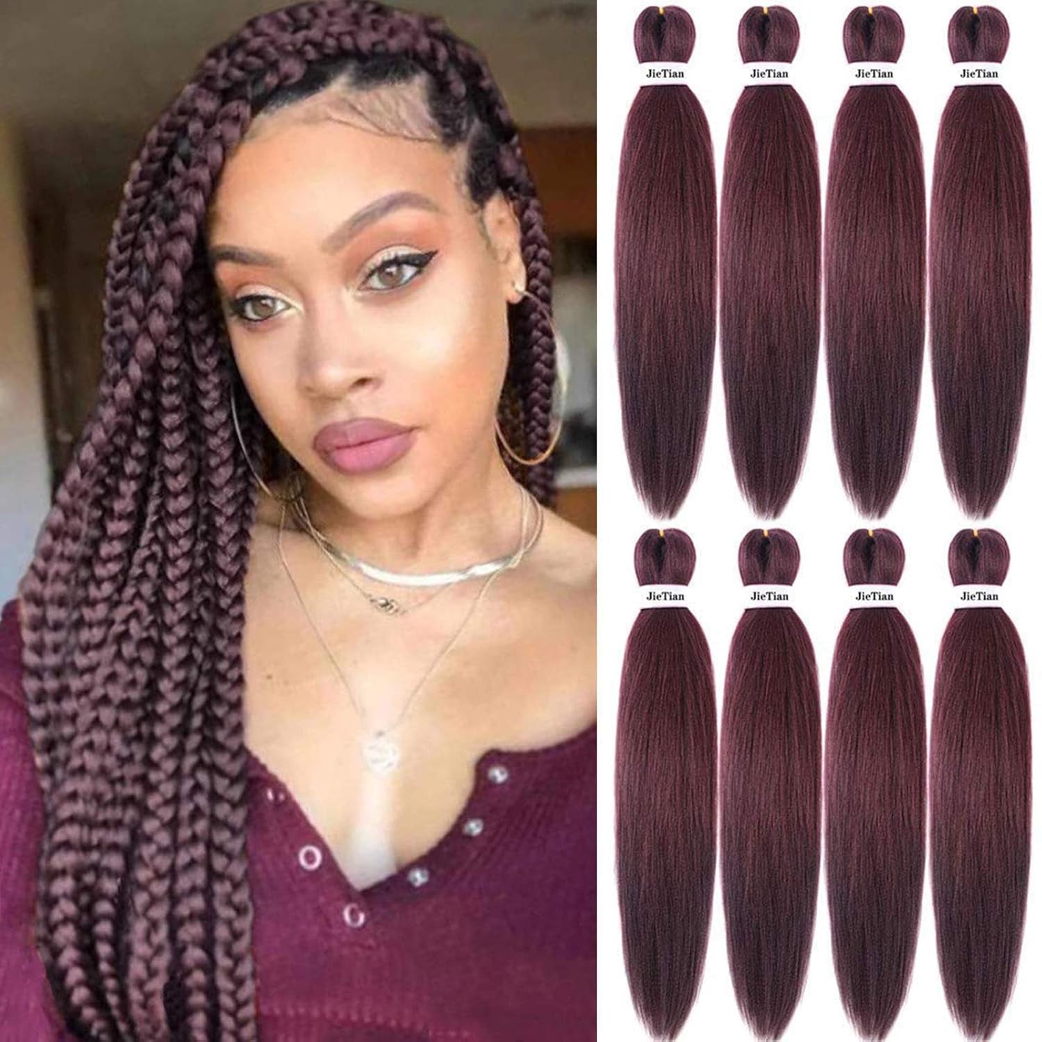 Pre Stretched Braiding Hair Burgundy Red 30 Inch 8 Packs Synthetic Crochet Braids Hot Water Setting Professional Soft Yaki Texture Synthetic Hair Extensions(99J)