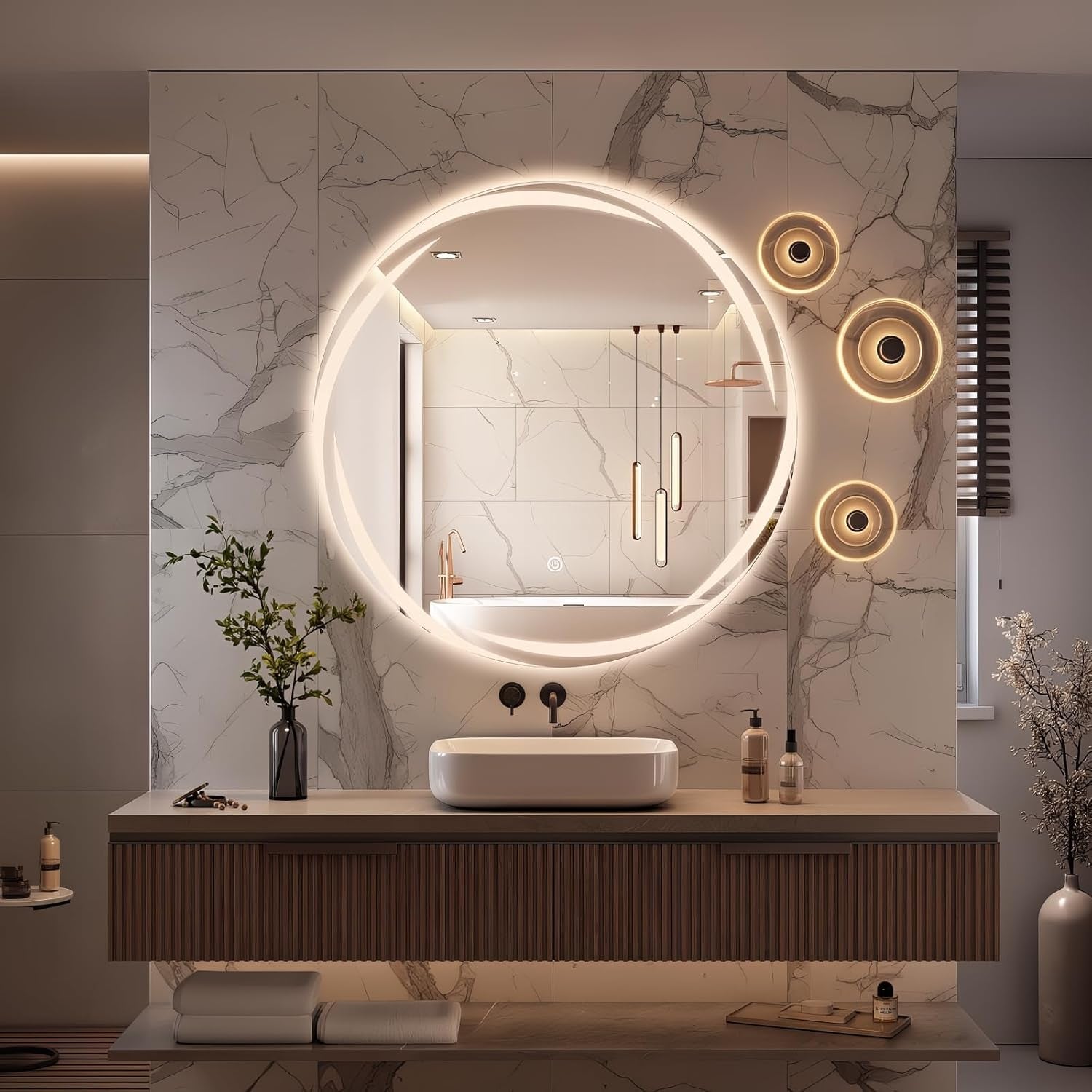 24" round LED Mirror for Bathroom with Front Light and Backlit, Stepless Dimmable Vanity Mirror with Lights, Frameless anti Fog Smart Mirror Wall Mounted, IP65 Waterproof, Shatter-Proof
