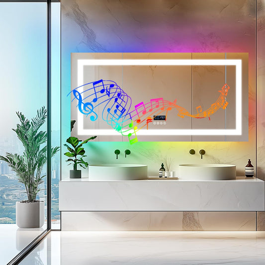 Front Lighted RGB Backlit Bluetooth Mirror: 48 X 24 Inch Dimmable 11 Colors Smart Anti-Fog Bathroom Mirrors with Light Memory - CRI95 Large Wall Mounted LED Mirror with Digital Display