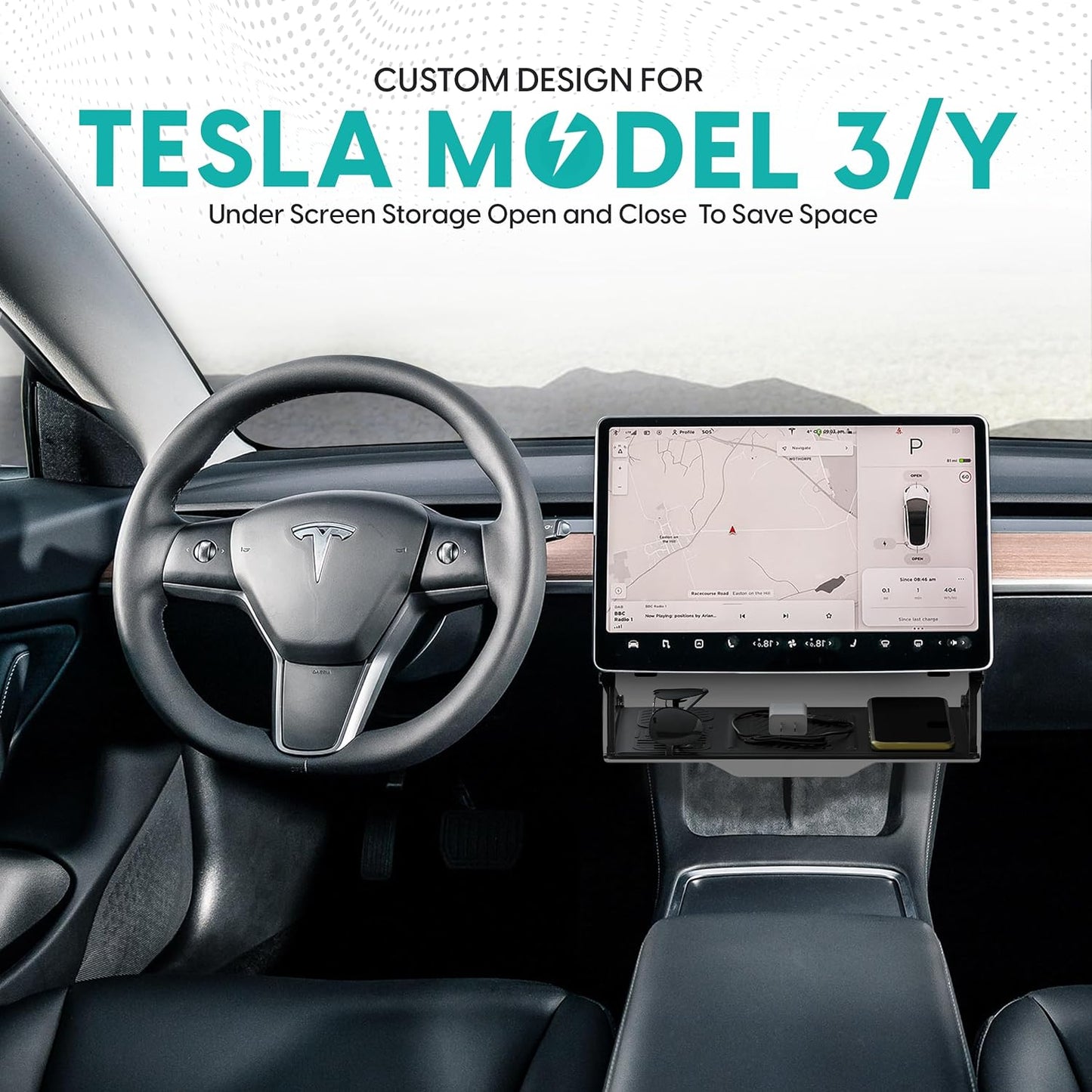 Hidden under Screen Storage for Tesla Model Y and 3 2016-2024 – Consoles and Organizers Accessories for Center Console Organizer Hidden Shelf Phone Magnetic Caddy Holder