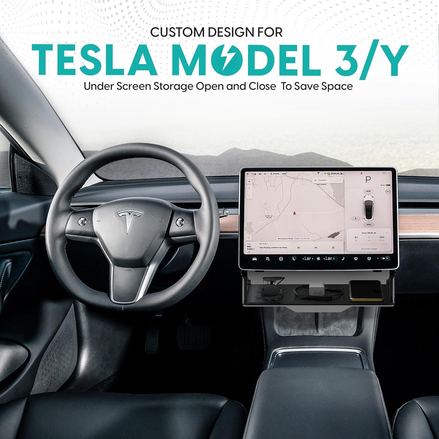 Hidden under Screen Storage for Tesla Model Y and 3 2016-2024 – Consoles and Organizers Accessories for Center Console Organizer Hidden Shelf Phone Magnetic Caddy Holder